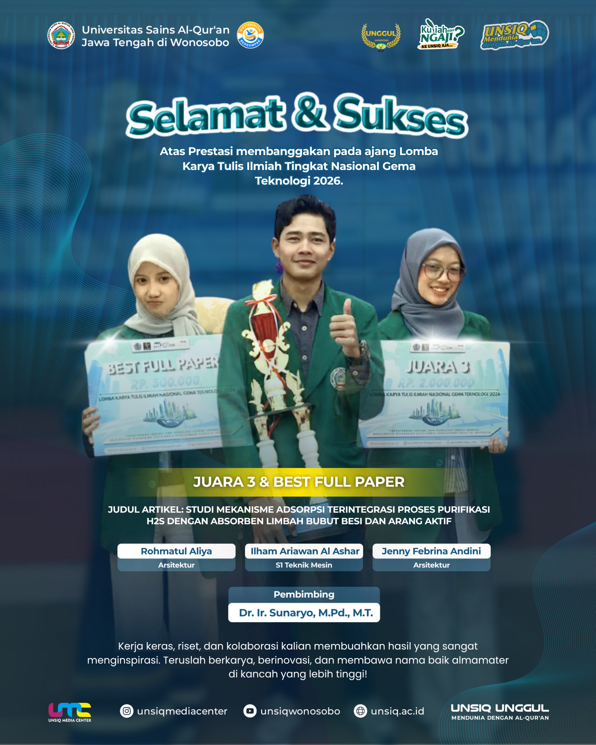 Tim Mahasiswa UNSIQ Raih Juara 3 dan Best Full Paper di Ajang LKTIN Gema Teknologi 2026