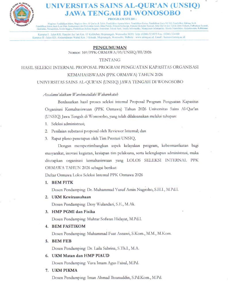 📢 HASIL SELEKSI INTERNAL PPK ORMAWA 2026Universitas Sains Al-Quran (UNSIQ) Jawa Tengah di Wono (1).jpg